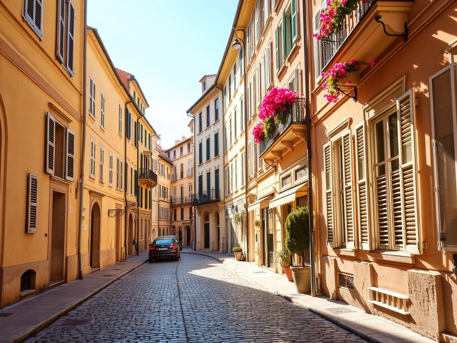 Sunlit European old town street with elegant architecture
